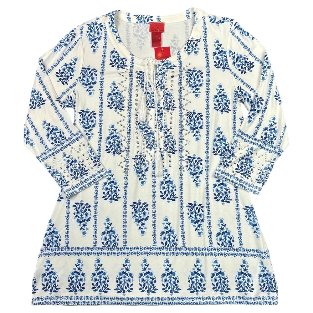 NWT V Cristina Ivory and Blue Floral Studded Tunic Top Lace Up Neck Boho - L
